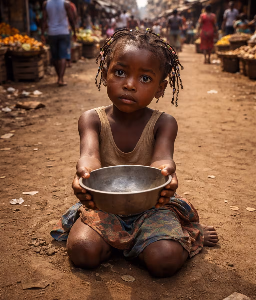 AI depiction of a girl asking for alms